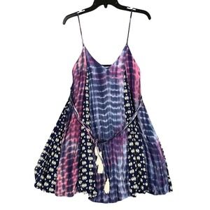 Entro Flared Dress Women's S Blue Sleeveless Short Dress Tie-Dye V-Neck Festival
